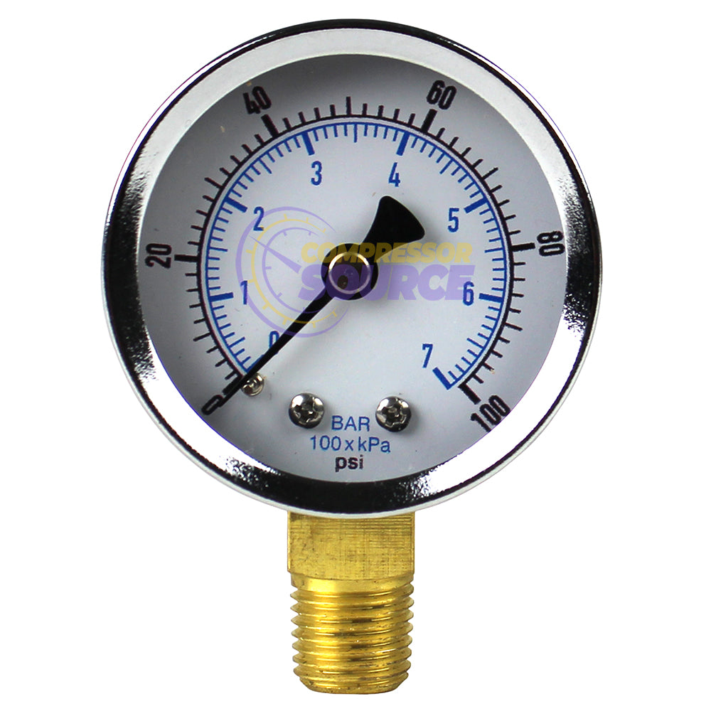 2" Face 1/4" NPT 0 - 100 PSI Pressure Gauge Lower Side Mount