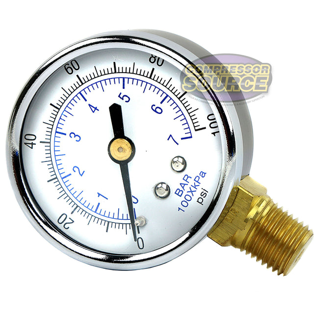 1/4" NPT 0-100 PSI Air Pressure Gauge Lower Side Mount