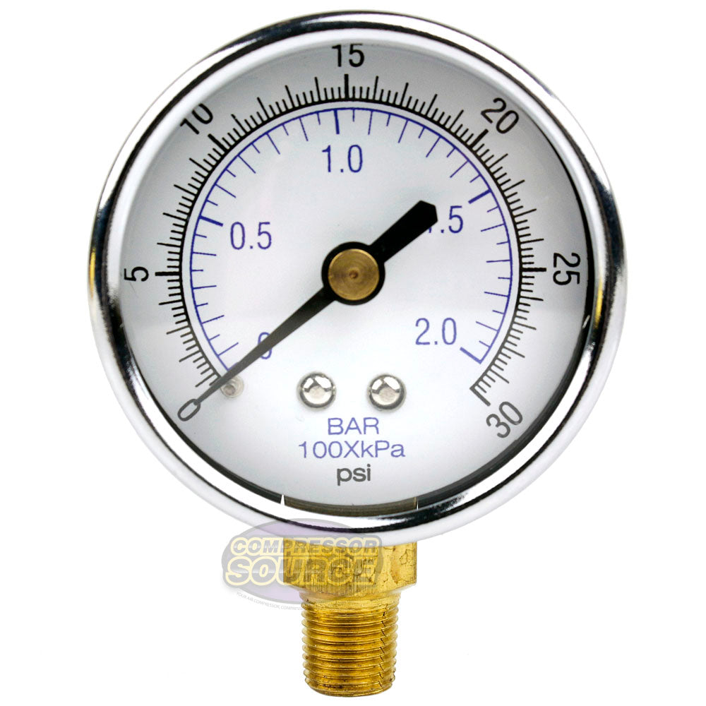 1/8" NPT Air Compressor Lower Mount Pressure Gauge 0-30 PSI Side Mnt WOG 2" Face