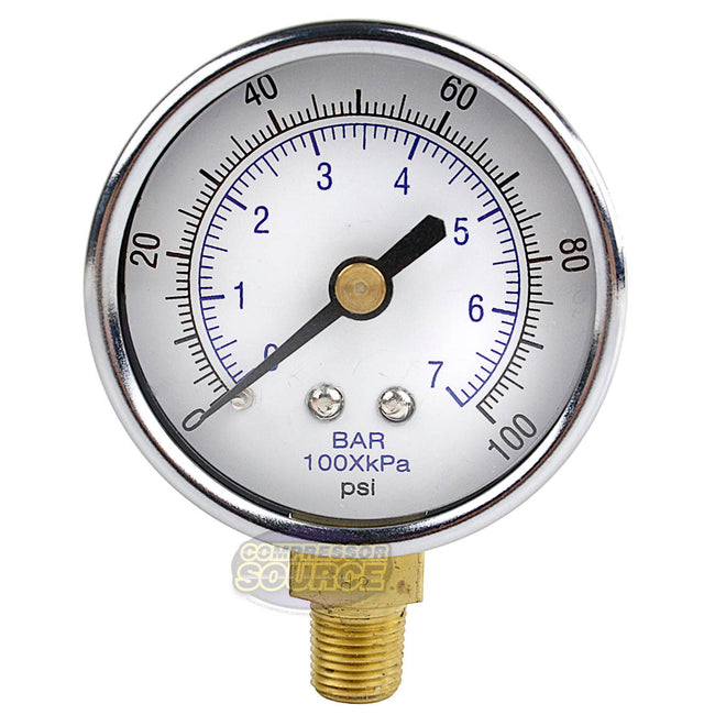 1/8" NPT Air Compressor Lower Mount Pressure Gauge 0-100 PSI Side WOG 2" Face 101D-208E