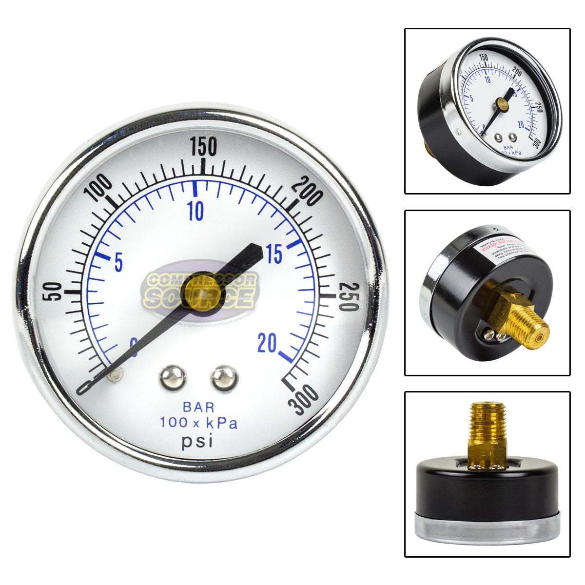 Quality 1/4" NPT Air Pressure Gauge 0-300 PSI Back / Rear Center Mount 2" Face