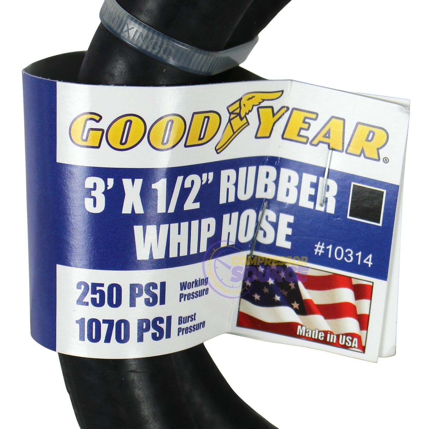 Goodyear 3' x 1/2" Rubber Air Hose Whip 250 PSI USA Made 1/2" NPT 10314