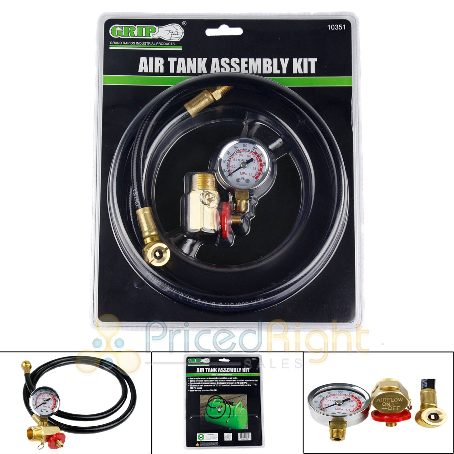 Air Tank Assembly Kit 4 ft Hose 0-200 PSI Gauge 1/4" NPT Tire Chuck GRIP 10351