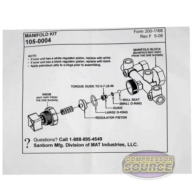 Sanborn Coleman Powermate Air Compressor 105-0004 Regulator Manifold Repair Kit