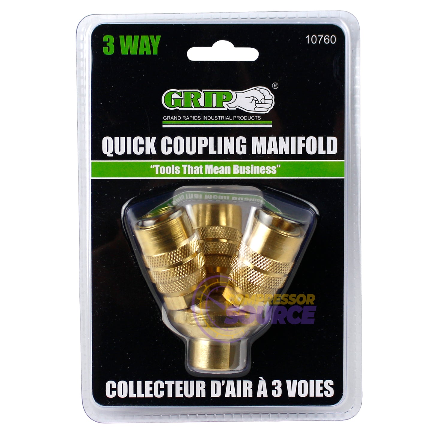 GRIP Tools 3 Way Quick Coupling Manifold 300 PSI Air Inlet 1/4" Couplers 10760