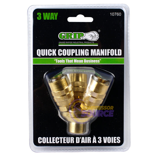 GRIP Tools 3 Way Quick Coupling Manifold 300 PSI Air Inlet 1/4" Couplers 10760