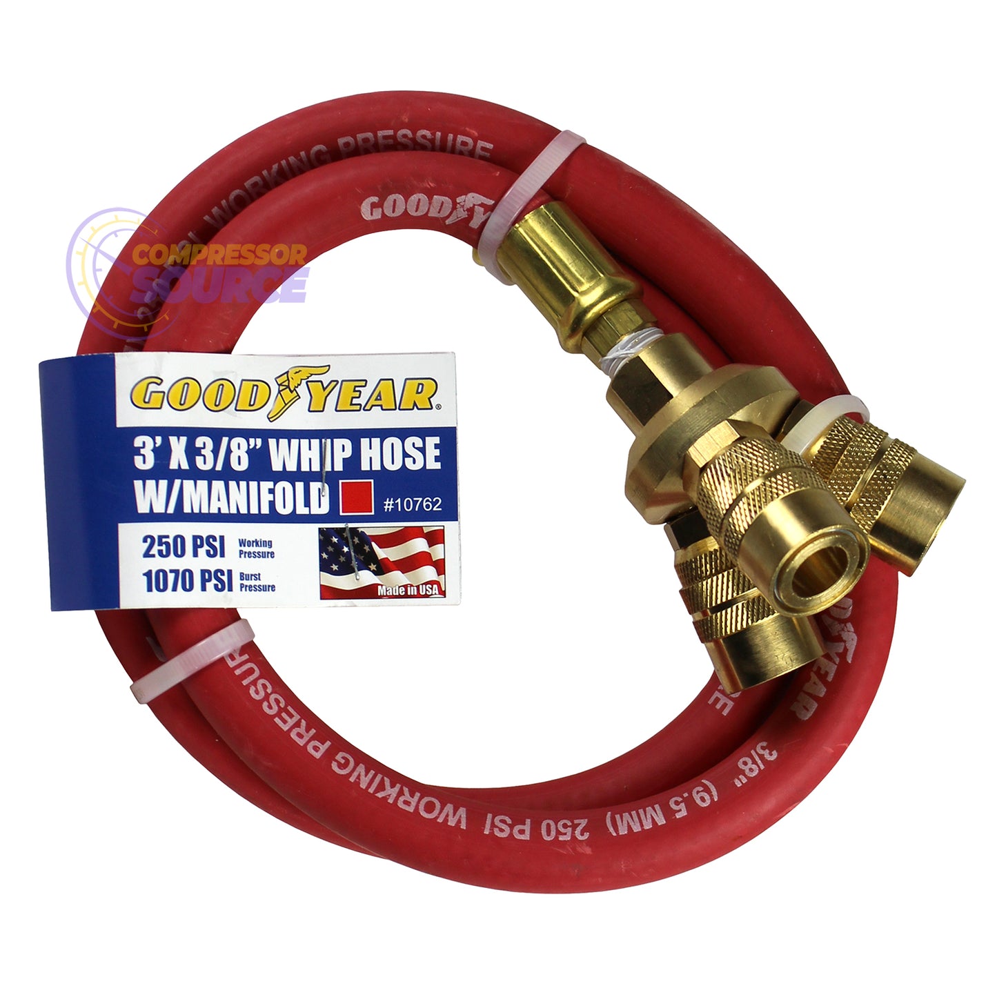 Goodyear 3' x 3/8" Air Hose Whip 3 Way Manifold 250 PSI Working Pressure 10762
