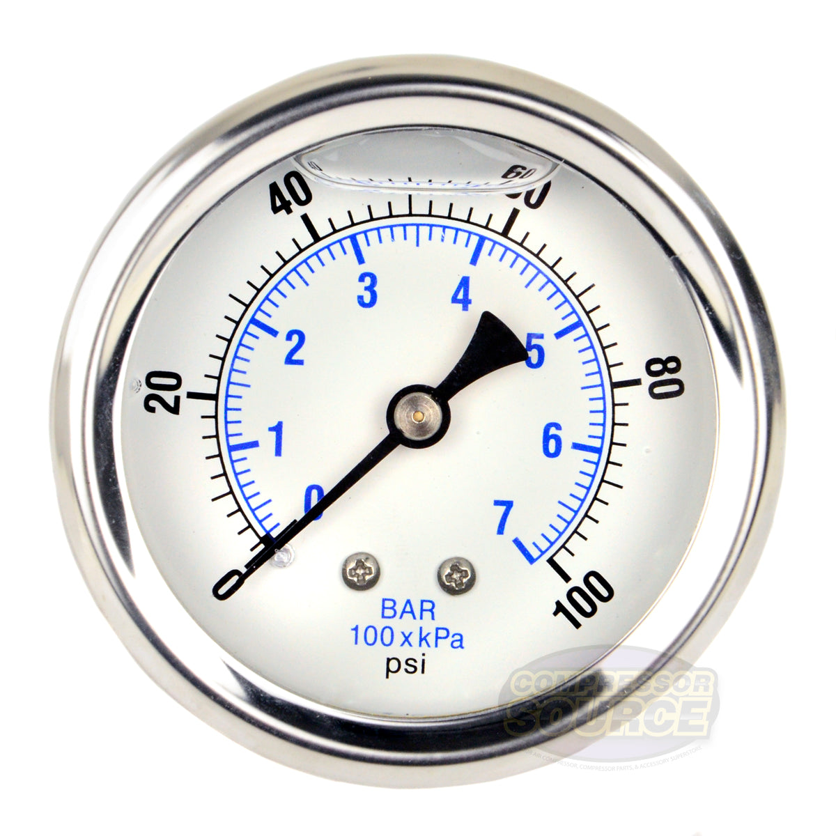 Liquid Filled 0-100 PSI Center Back Mount Air Pressure Gauge With 2.5" Face