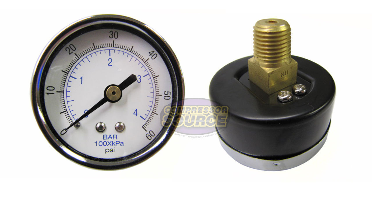 1/4" Male 0-60 PSI Back Mount Air Compressor Air Pressure Gauge