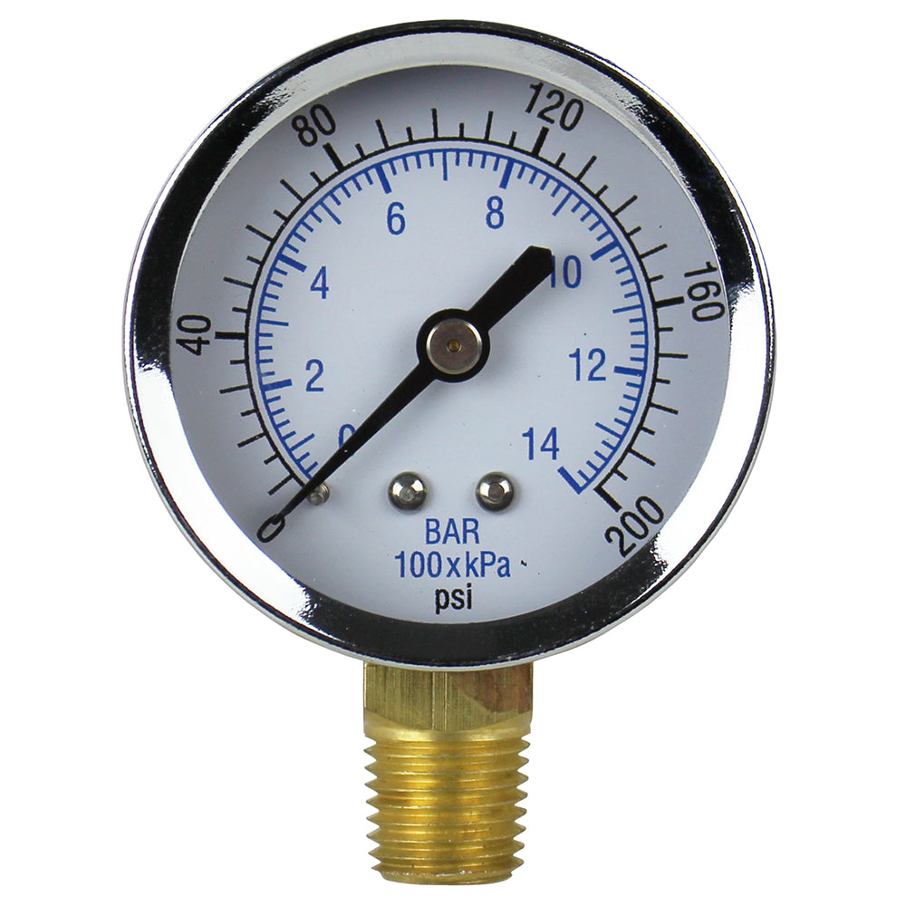 2" Face 1/4" NPT 0 - 200 PSI Pressure Gauge Lower Side Mount