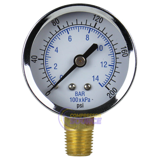 2" Face 1/4" NPT 0 - 200 PSI Pressure Gauge Lower Side Mount