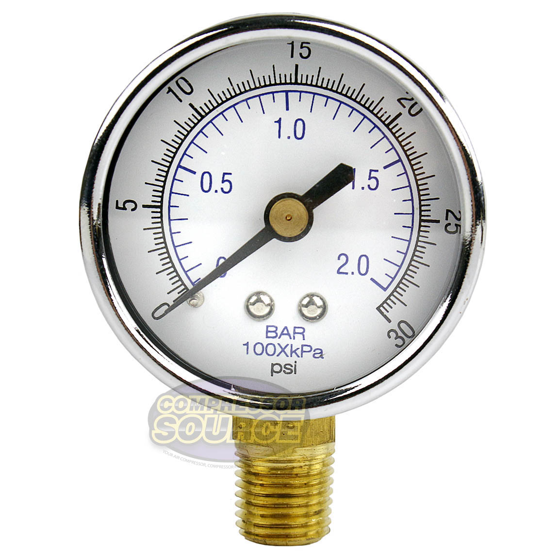 1/4" NPT 0-30 PSI Air Pressure Gauge Lower Side Mount With 2" Face