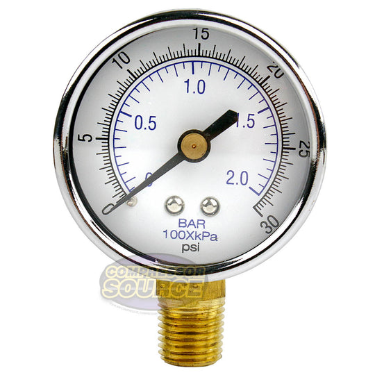 1/4" NPT 0-30 PSI Air Pressure Gauge Lower Side Mount With 2" Face 101D-204C