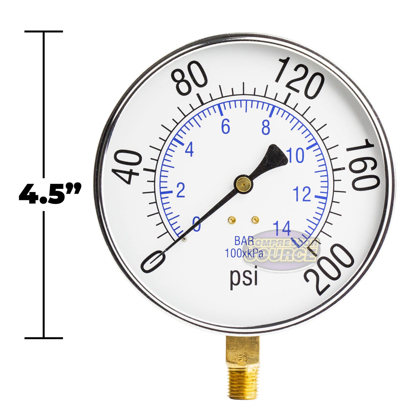 1/4" NPT 0-200 PSI Air Pressure Gauge Lower Side Mount With 4.5" Face