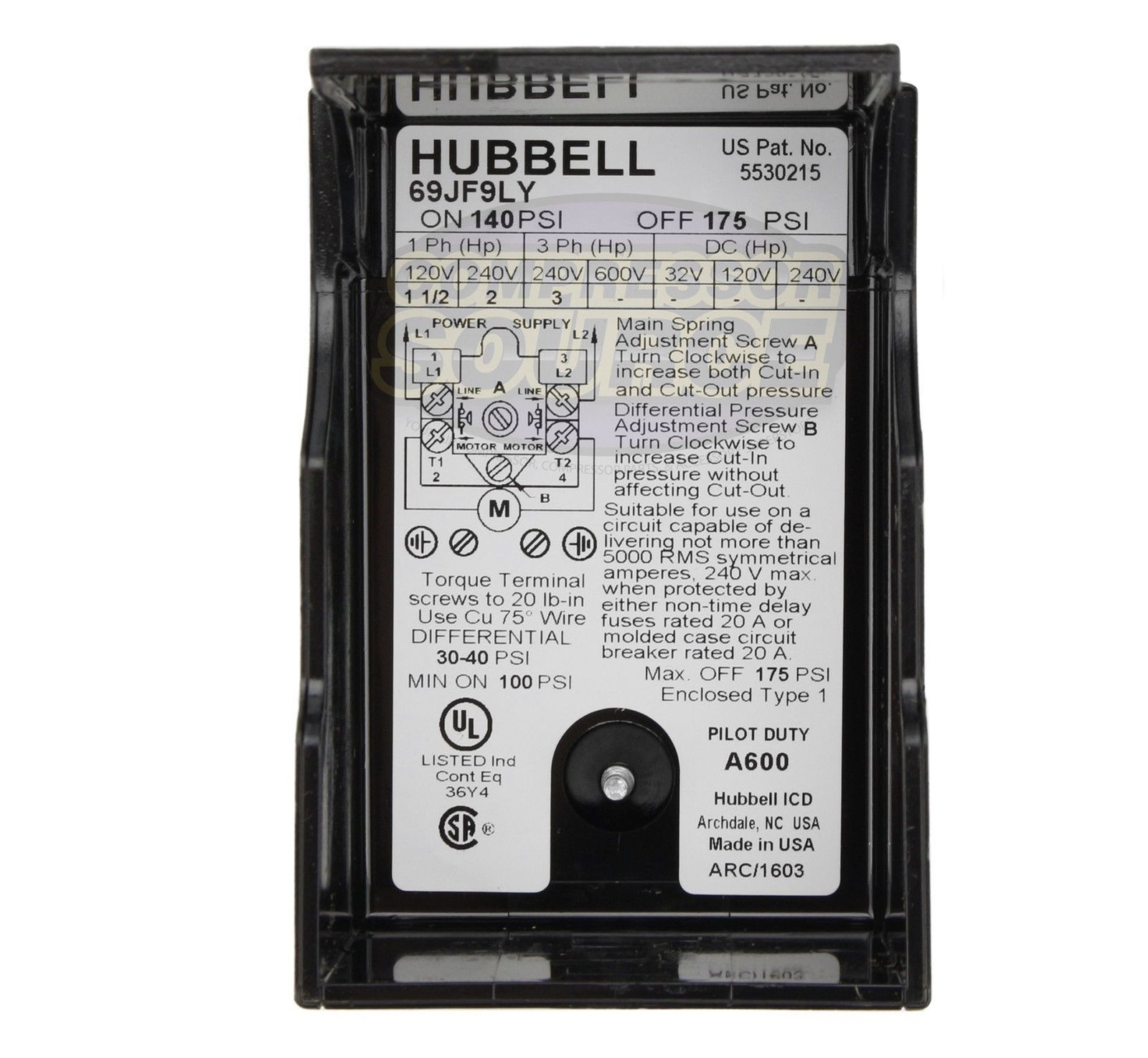 Hubbell Air Compressor Pressure Switch 69JF9Y – 140-175 PSI, 20 Amp, Single Port