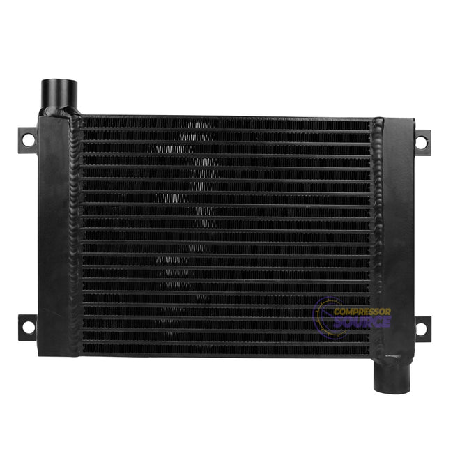 Black oil cooler with 'Compressor Source' logo on a white background