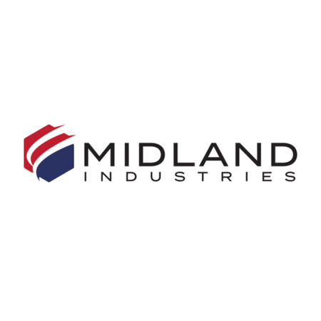 Logo of Midland Industries with a red, white, and blue design on a white background