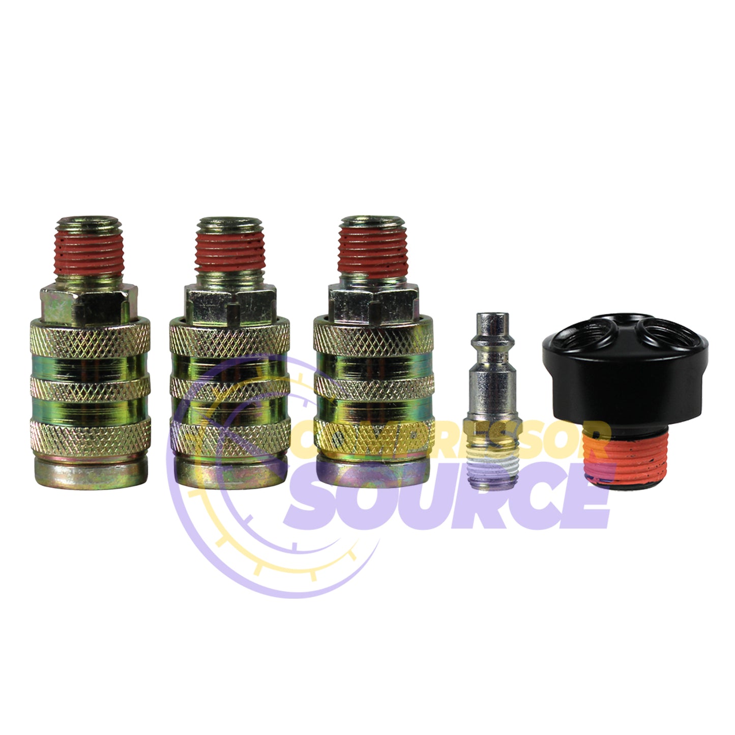 3 Way Air Hose Coupler Splitter Manifold Block Kit 1/4" NPT Couplers & Plug Kit