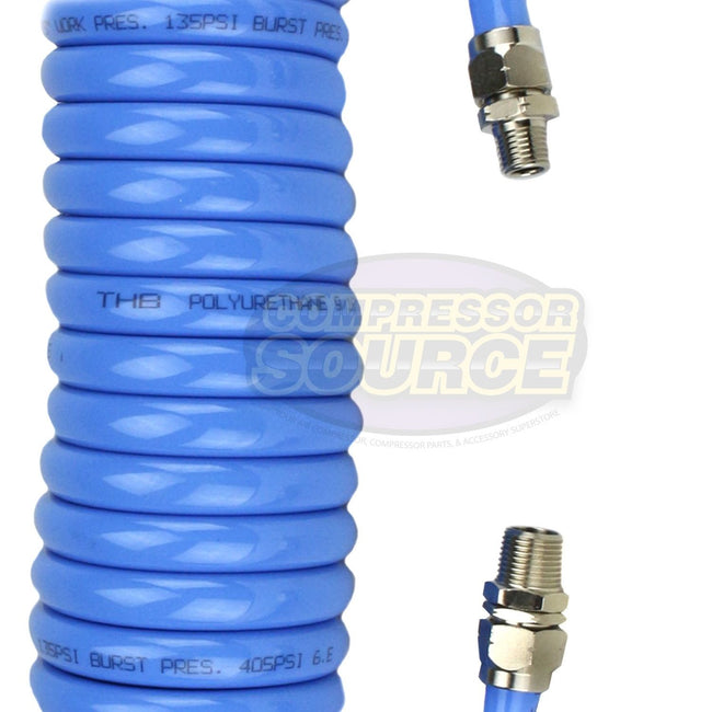 Premium 1/4" x 15' Air Compressor Coil Hose Coiled Polyurethane With Swivel Ends Blue