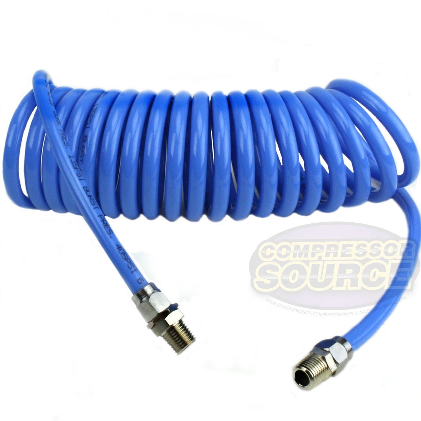 Premium 1/4" x 15' Air Compressor Coil Hose Coiled Polyurethane With Swivel Ends Blue