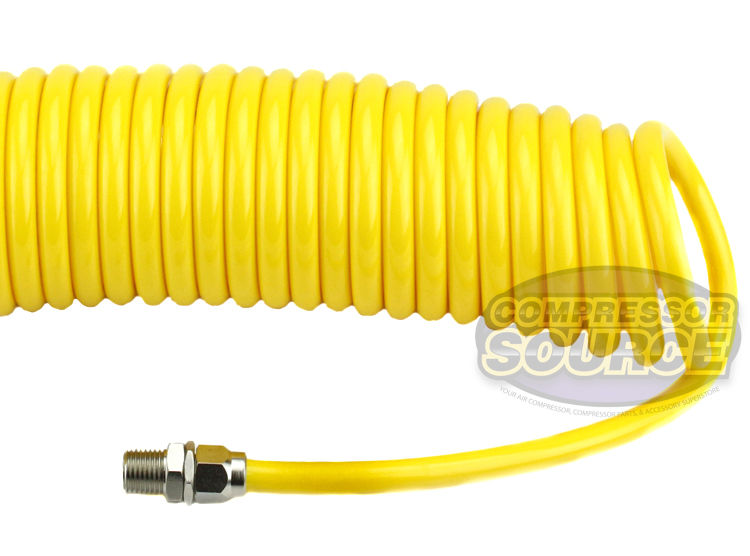 Premium 1/4" x 15' Air Compressor Coil Hose Polyurethane Coiled With Swivel End Yellow