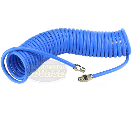 Premium 1/4" x 25' Air Compressor Coil Hose Spiral Polyurethane With Swivel Ends Blue AU-2062BL