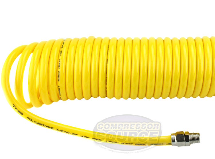 Premium 1/4" x 25' Air Compressor Coil Hose Spiral Polyurethane With Swivel End Yellow