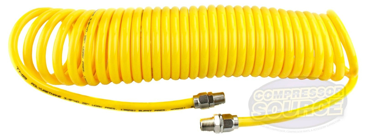 Premium 1/4" x 25' Air Compressor Coil Hose Spiral Polyurethane With Swivel End Yellow