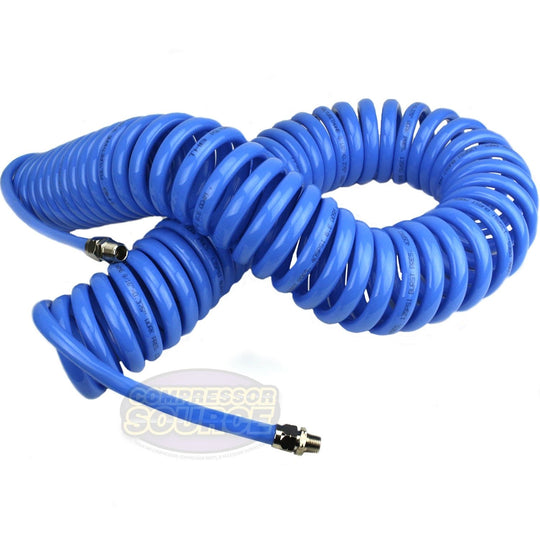 Premium 3/8" x 50' Air Compressor Coil Hose Coiled Polyurethane With Swivel Ends Blue