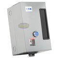 Eaton B27CGF30B040 5 HP magnetic starter enclosure, angled view showing the reset button and warning label