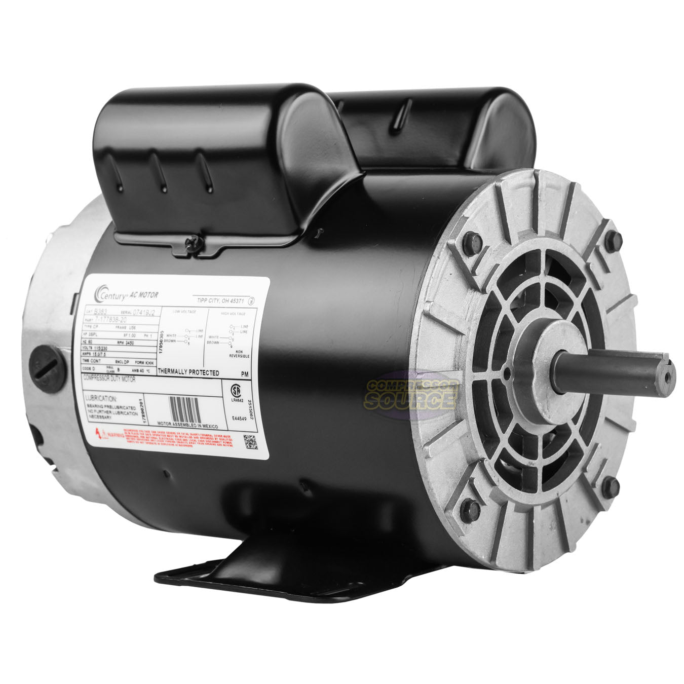 Century 3 SPL HP Single Phase Electric Compressor Motor Rigid Base 115-230V 3450 RPM