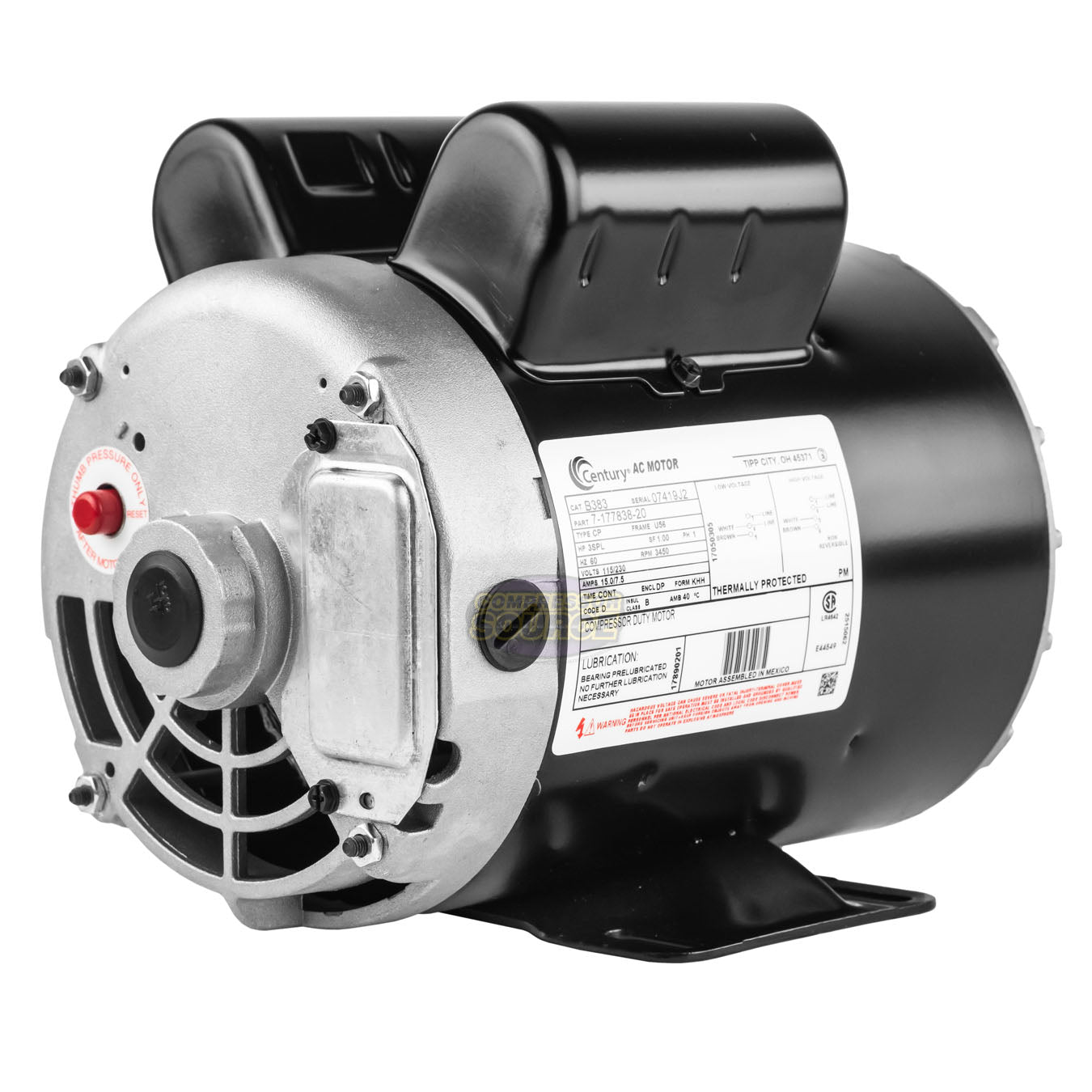 Century 3 SPL HP Single Phase Electric Compressor Motor Rigid Base 115-230V 3450 RPM