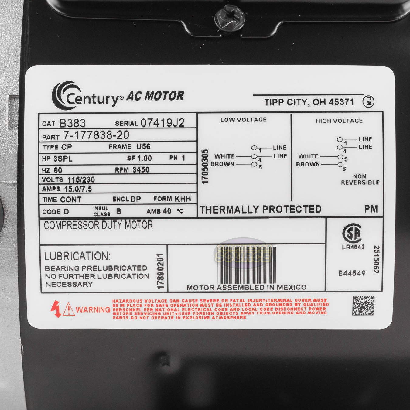 Century 3 SPL HP Single Phase Electric Compressor Motor Rigid Base 115-230V 3450 RPM