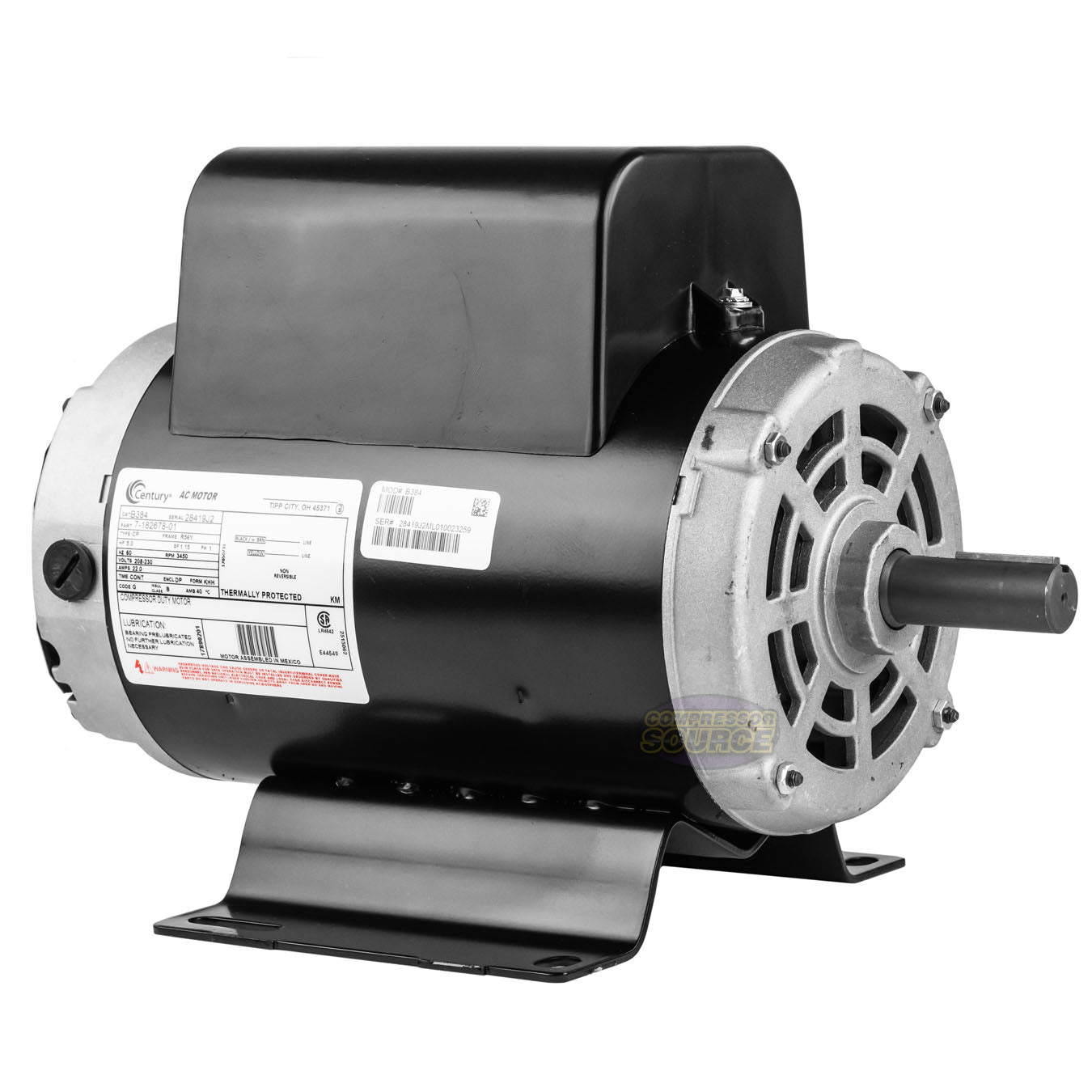 Century 5 HP 3450 RPM Air Compressor Electric Motor 60 Hz 208-230 Volts B384 56Y