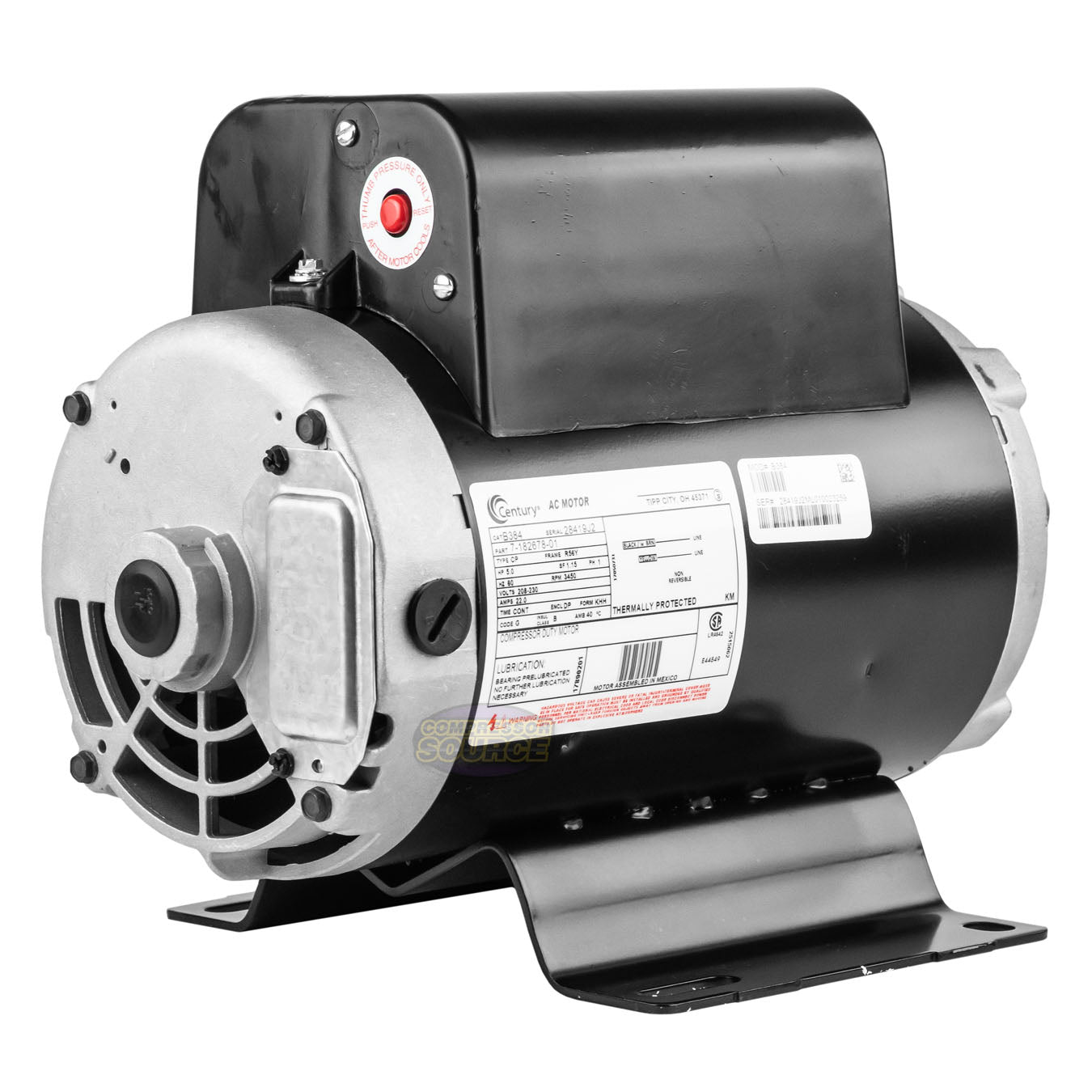 Century 5 HP 3450 RPM Air Compressor Electric Motor 60 Hz 208-230 Volts B384 56Y