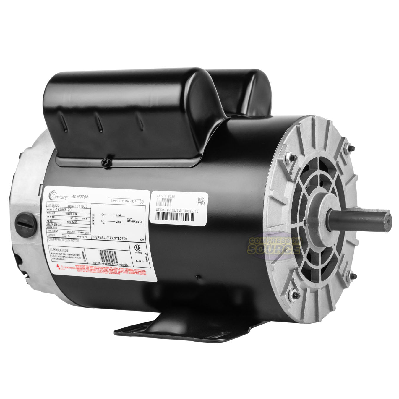 Century 5 HP SPL Single Phase Electric Compressor Motor Rigid Base 230V 3450 RPM