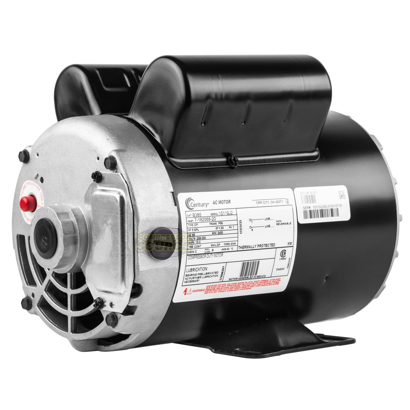 Century 5 HP SPL Single Phase Electric Compressor Motor Rigid Base 230V 3450 RPM