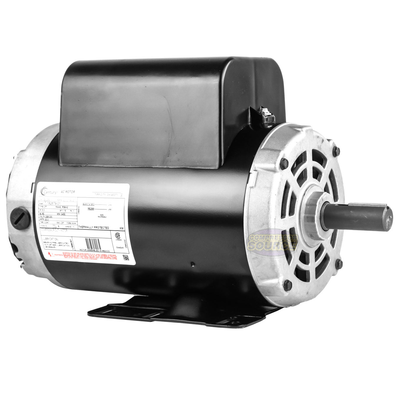 Century 5 HP Single Phase Electric Compressor Motor Rigid Base 230V 3450 RPM