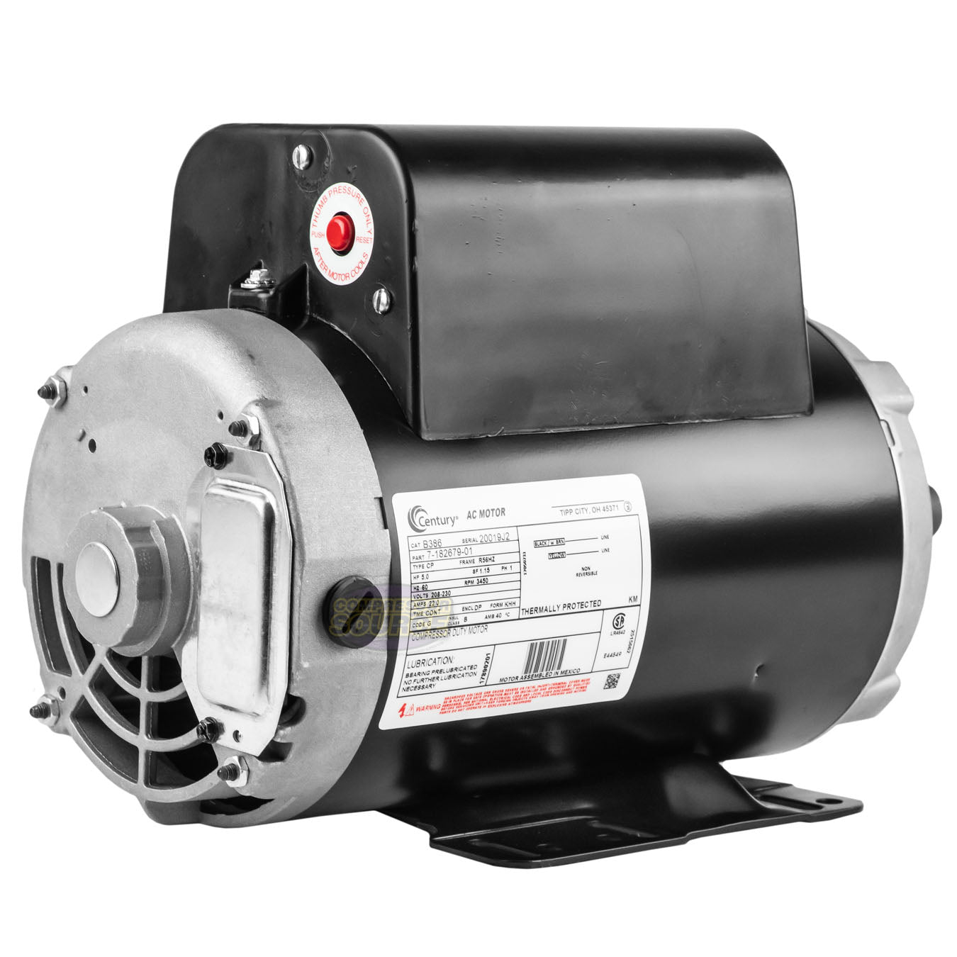 Century 5 HP Single Phase Electric Compressor Motor Rigid Base 230V 3450 RPM