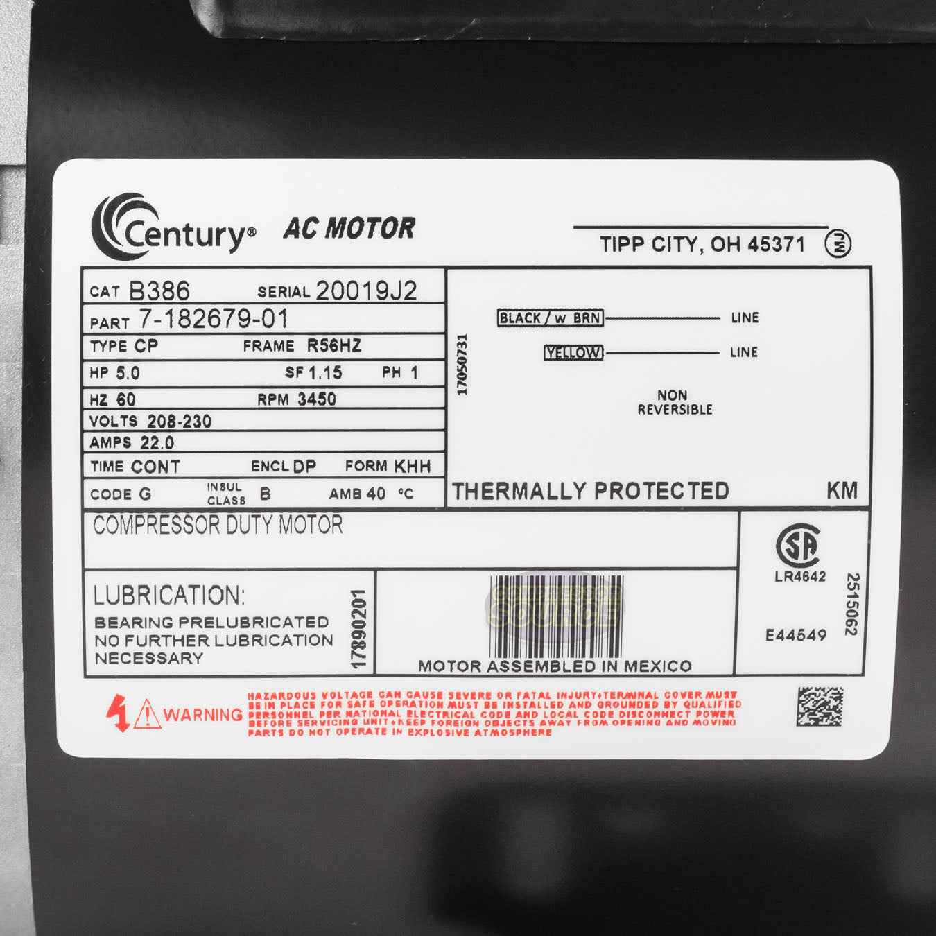 Century 5 HP Single Phase Electric Compressor Motor Rigid Base 230V 3450 RPM