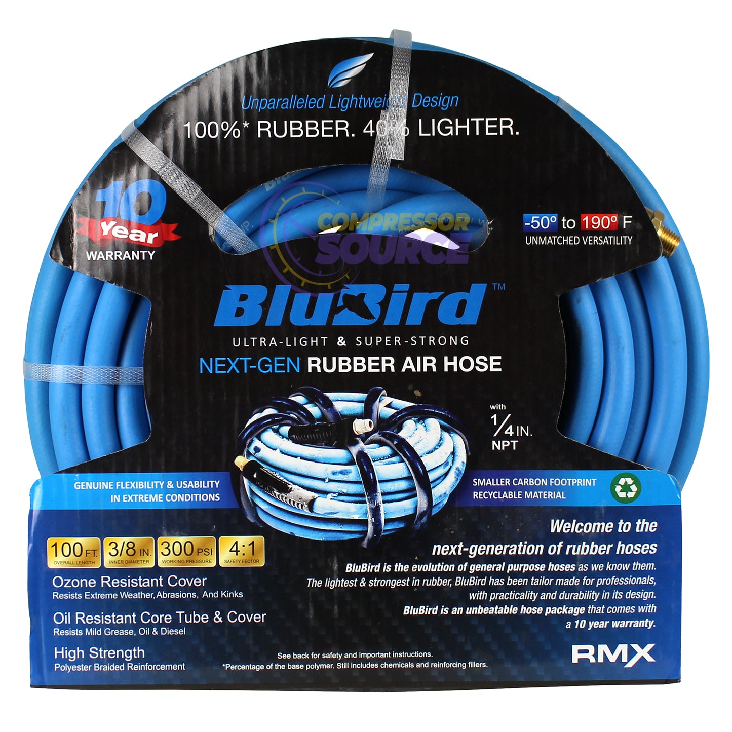 BluBird Rubber Air Hose Assembly 3/8" x 100' 300 PSI BB38100