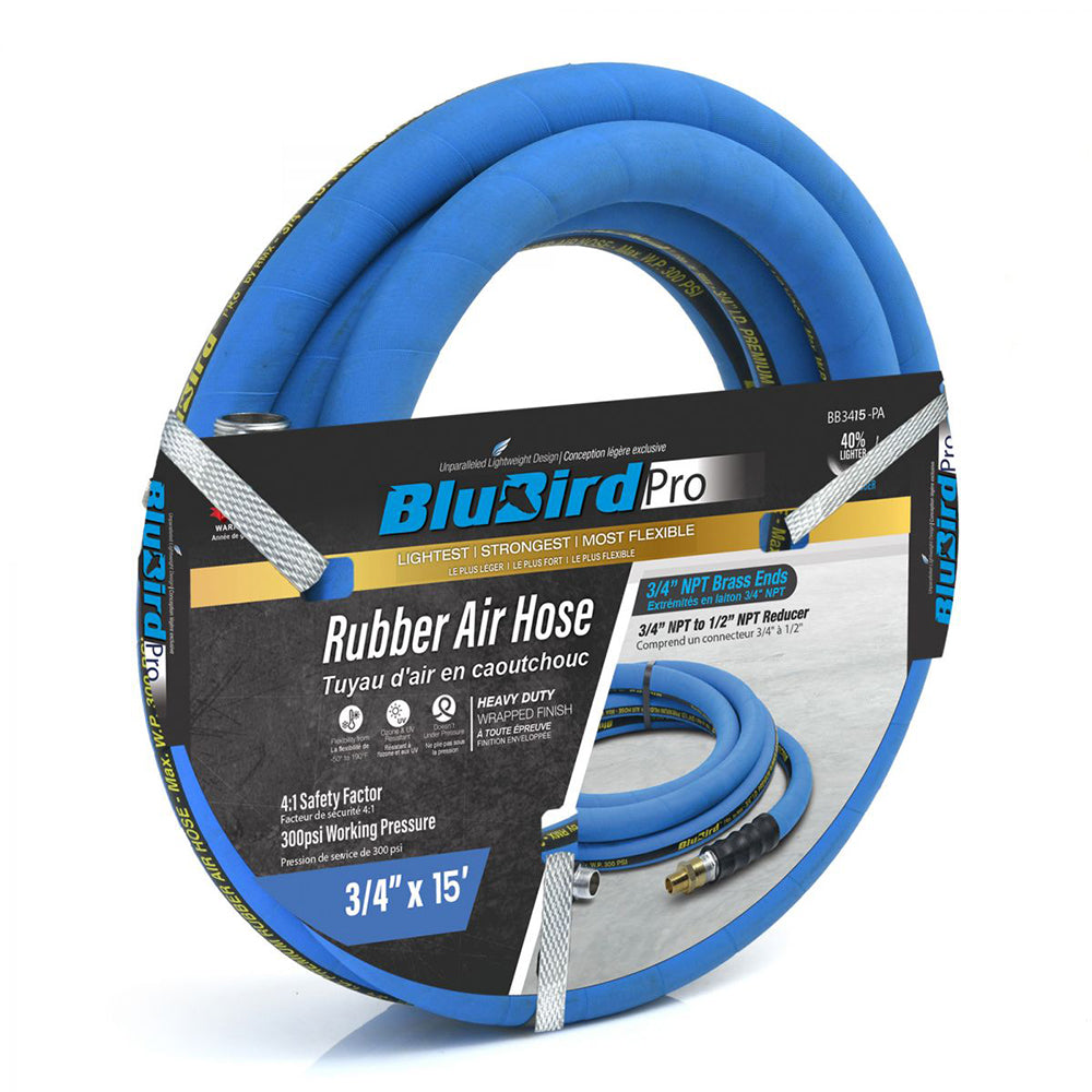 BluBird Pro Rubber Air Hose Assembly 3/4" x 15' 300 PSI BBPRO3415