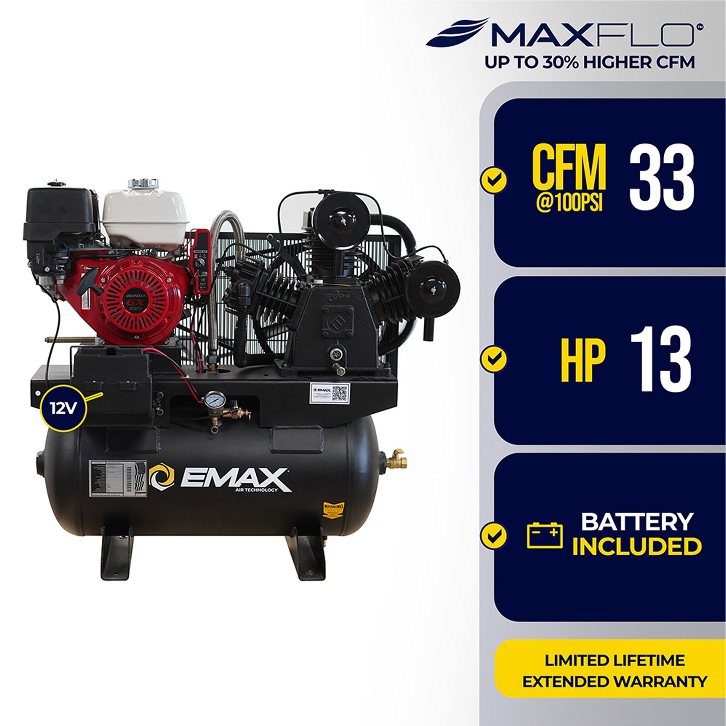 EMAX Honda GX Gas Driven with Electric Start 13 HP 3Cyl 24CFM MAXFlo Splash Lubricated 30 Gallon Truck Mount Stationary Air Compressor EGES1330ZT