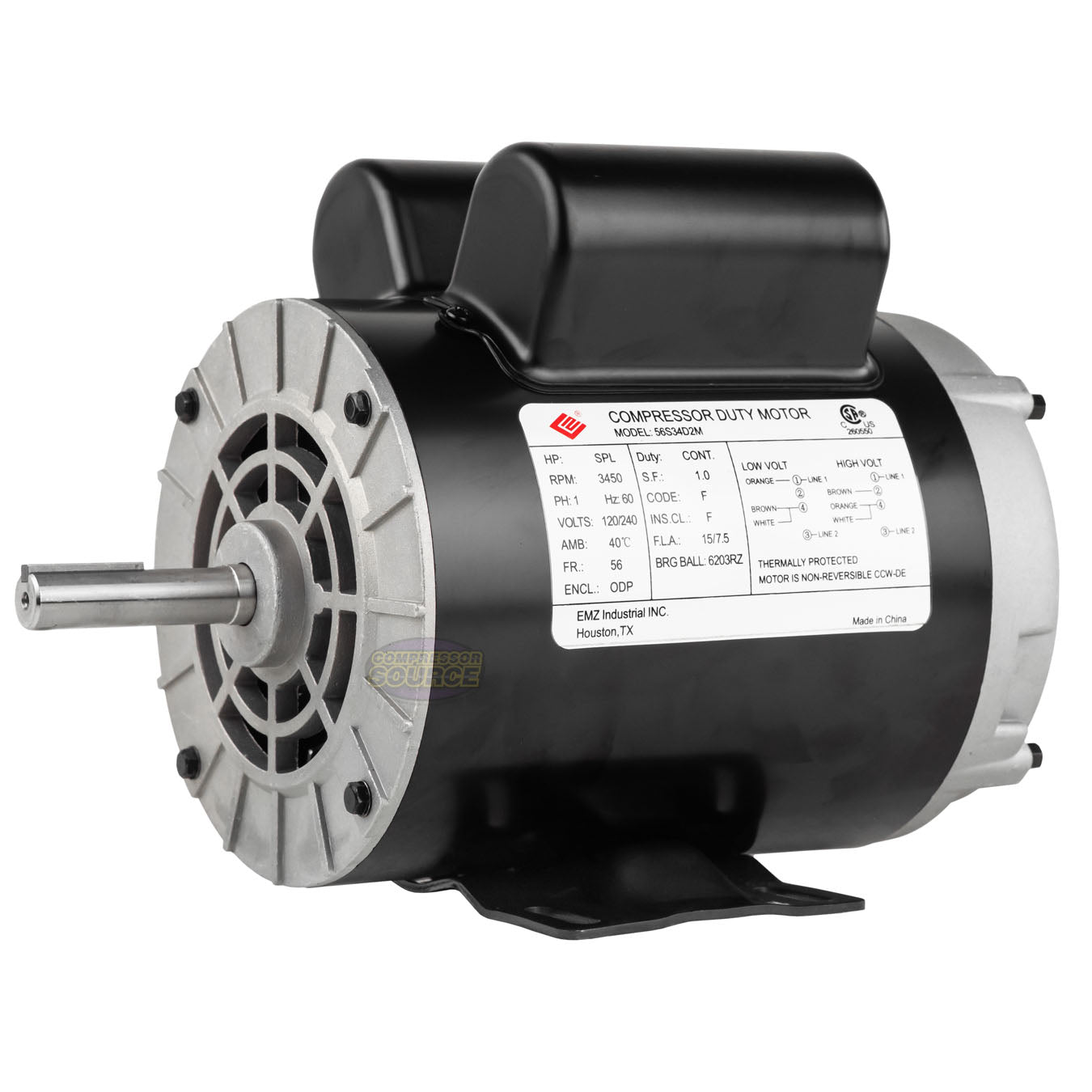 2 HP SPL Compressor Duty Electric Motor 3450 RPM 56 Frame 5/8" Shaft 120/240 V