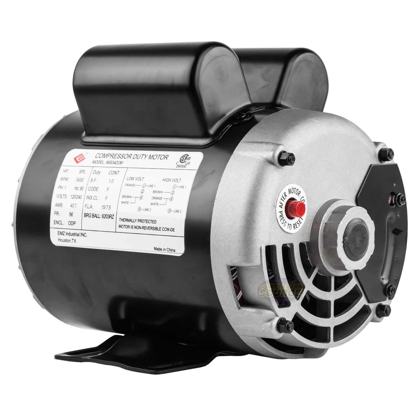 2 HP SPL Compressor Duty Electric Motor 3450 RPM 56 Frame 5/8" Shaft 120/240 V