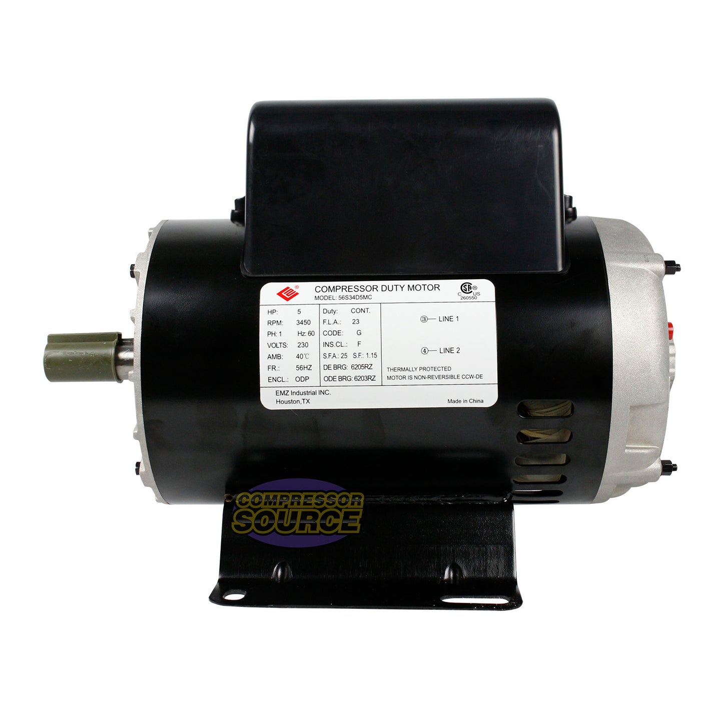 5 HP 1 Phase Electric Motor 3450 RPM 56HZ Frame 230V ODP EMZ 56S34D5MC