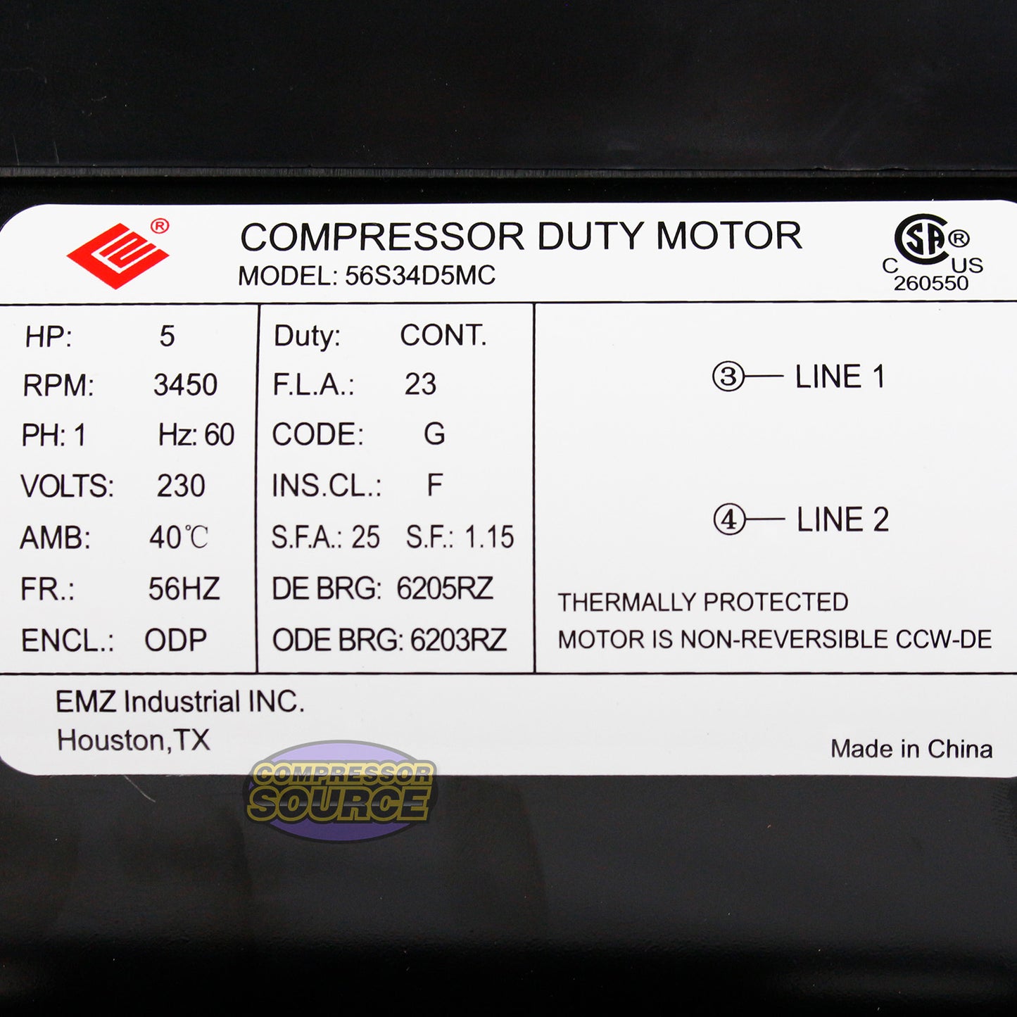 5 HP 1 Phase Electric Motor 3450 RPM 56HZ Frame 230V ODP EMZ 56S34D5MC