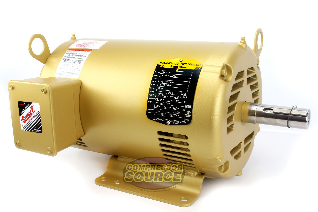 Baldor 5 HP Three Phase Electric Compressor Motor 184T Frame 230V 1750 RPM