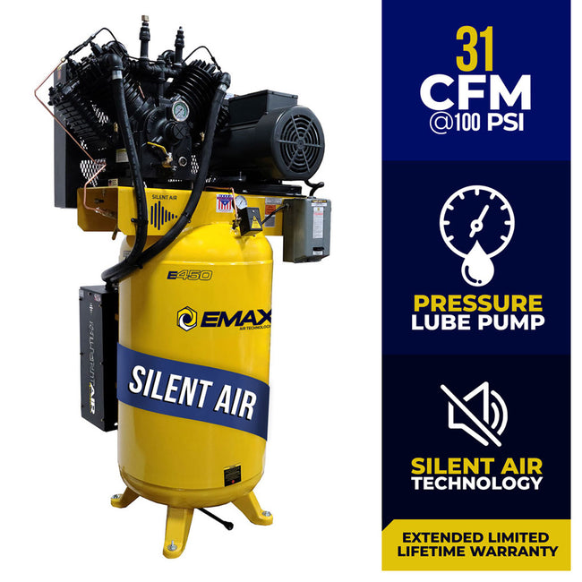EMAX Silent Air 7.5 HP 31 CFM 3 Phase 2-Stage 80 Gal. Vertical Air Compressor