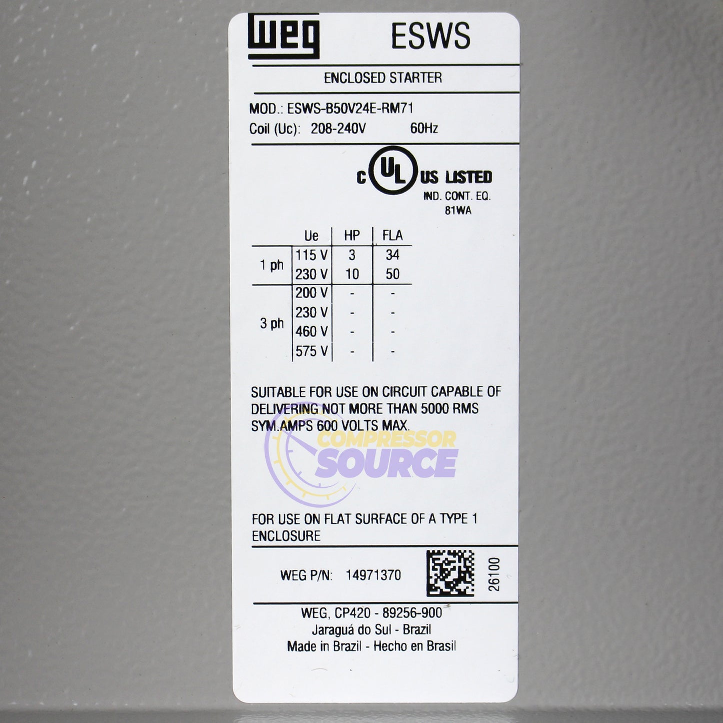 WEG 10 HP 1 Phase Magnetic Starter NEMA 1 208-240V 32 - 50 Amp 
ESWS-B50V24E-RM71